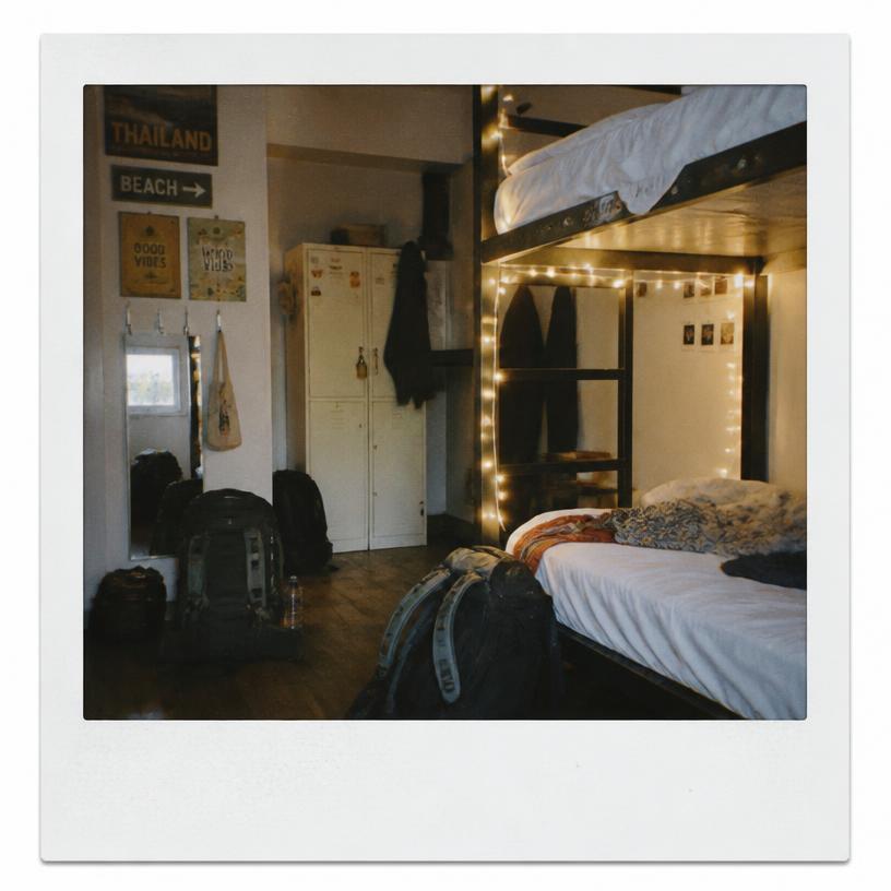 Backpacks in a hostel room
